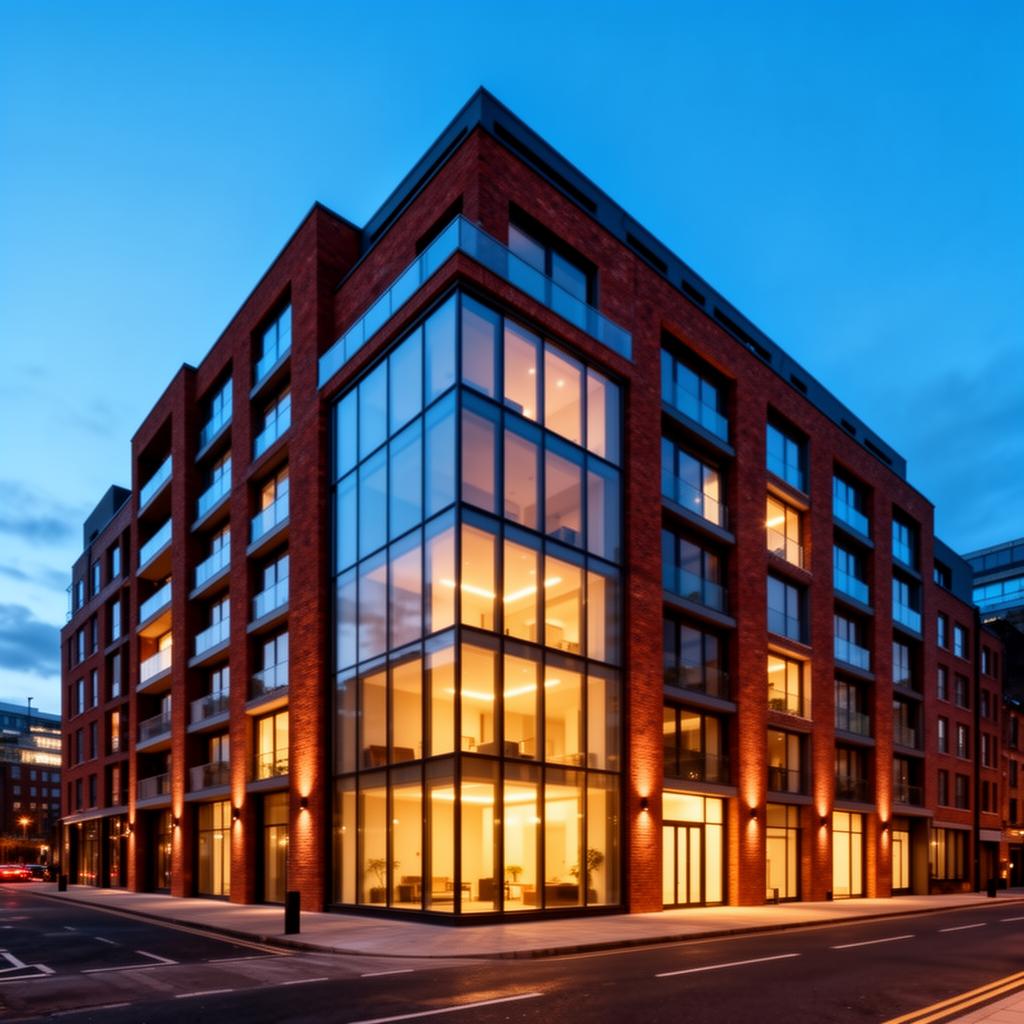 Modern Manchester red-brick residential building at twilight