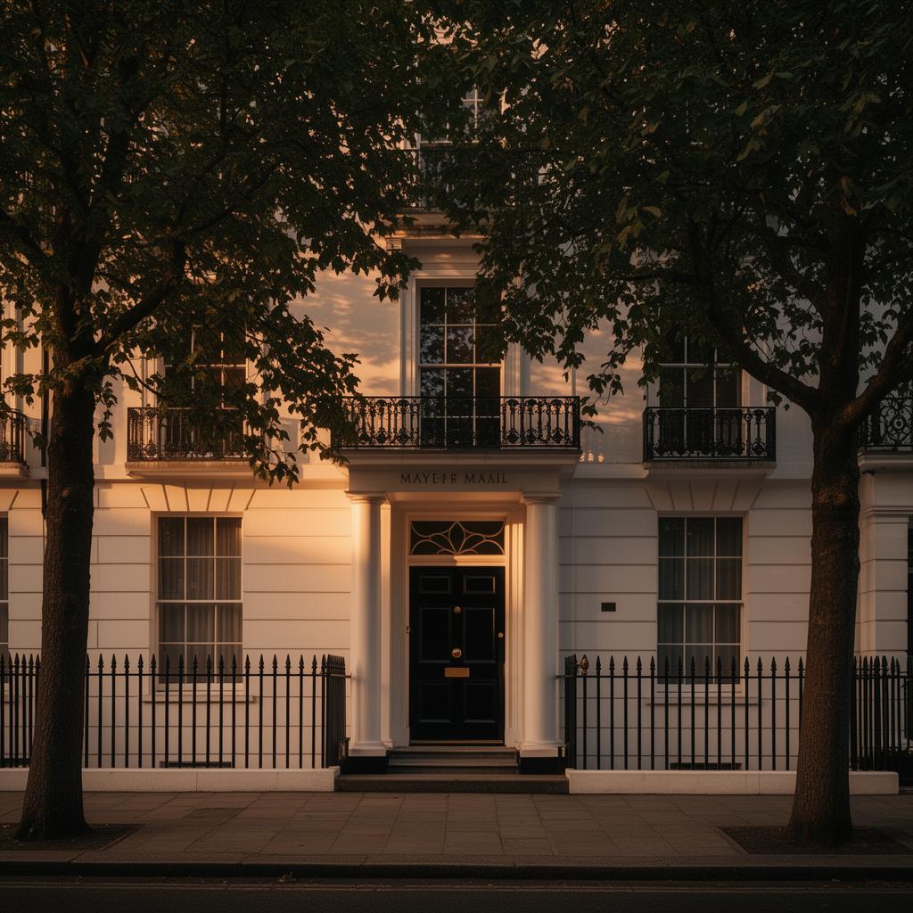 Mayfair Georgian townhouse exterior at golden hour